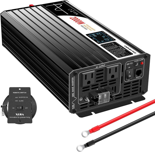 Xijia 2000W Pure sine Wave Power Inverter (Peak Power 4000W) dc 12v to 110v/120V ac 60HZ LCD-Display Bluetooth Remote Control,2 AC Outlets for RV, Camping, Boat,Outdoor