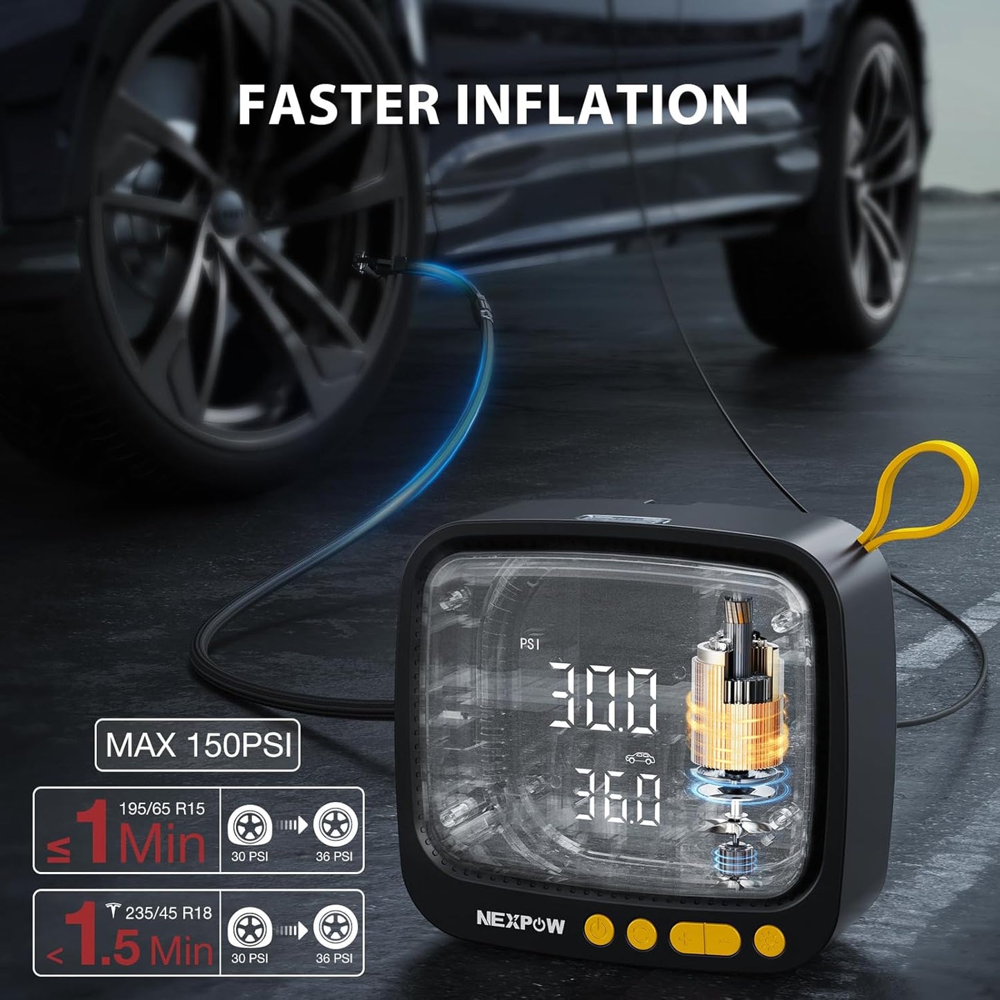 Tire Inflator Portable Air Compressor, NEXPOW 150PSI 12V DC Air Pump with Dual Digital Pressure Gauge & Auto Shut-Off, Air Compressor Portable with LED Light for Car, Motorcycle, Bicycle, Ball, Yellow