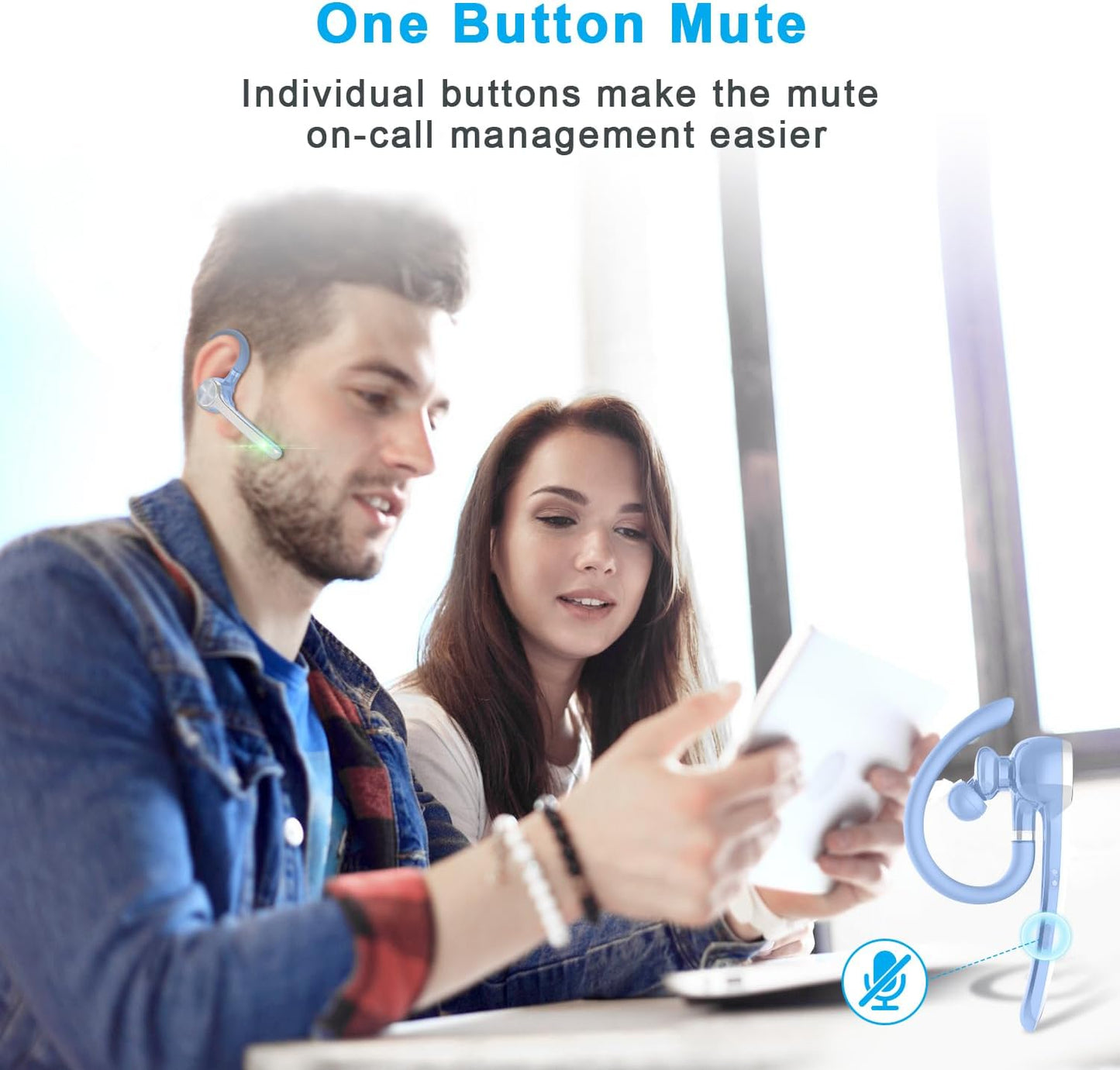 Bluetooth Headset, Wireless Bluetooth Earpiece with 500mAh Charging Case 72 Hours Talking Time Built-in Microphone for iOS Android Cell Phone, V5.1Hand-Free Headphones for Trucker-SkyBlue