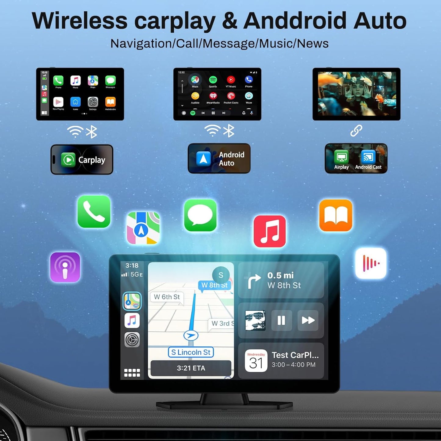 Wireless Carplay Screen for Car with 4K Dash Cam, 9" Portable Carplay & Android Auto, Component Subwoofer, Touchscreen with 1080p Backup Camera, GPS Navigation/Voice Control/BT/Mirror Link/FM
