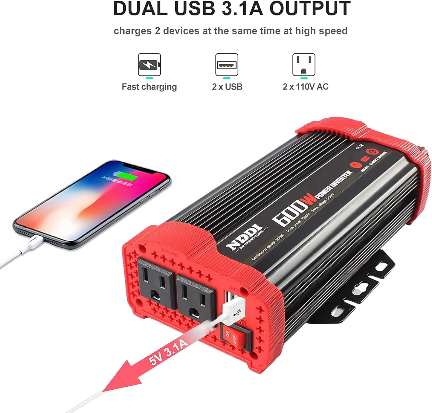 600W Car Power Inverter 12V DC to 110V AC Converter with 3.1 A Dual USB Quick Car Charger Adapter for Laptops and Smartphones