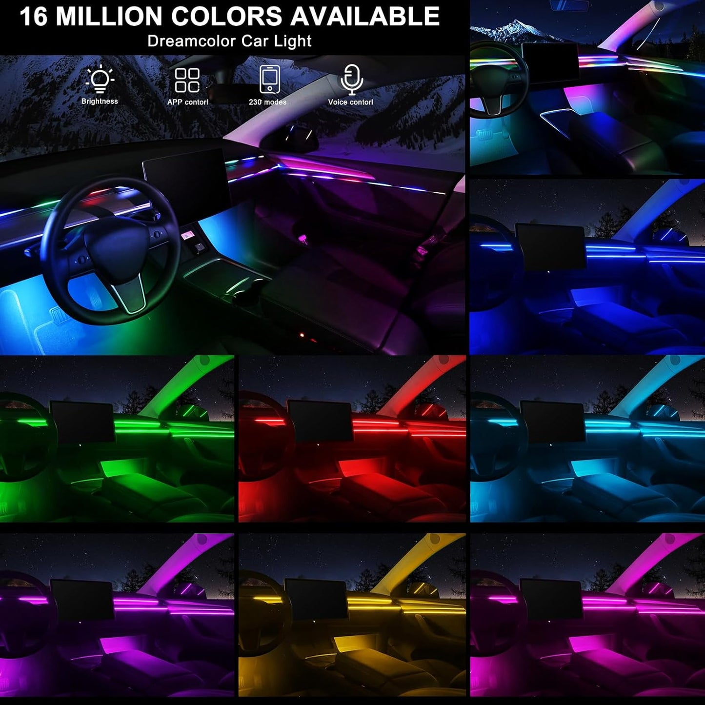 Dream+Color Acrylic Interior Car LED Strip Light with Wireless APP, RGB 10 in 1 with 175 inches 593 Neon Ambient Lighting Kits, Dynamic Chasing Music Sync LEDs Fiber Optic Strip Lights for Car