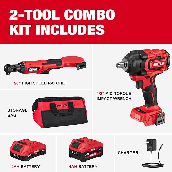 Alloyman 20v 3/8'' Cordless Ratchet Wrench 44 ft-lbs (60 Nm) and 1/2'' Brushless Impact Wrench 516 ft-lbs(700 Nm) Combo Set, with Variable Speed, LED Light, 4.0Ah &2.0Ah Battery, Charger