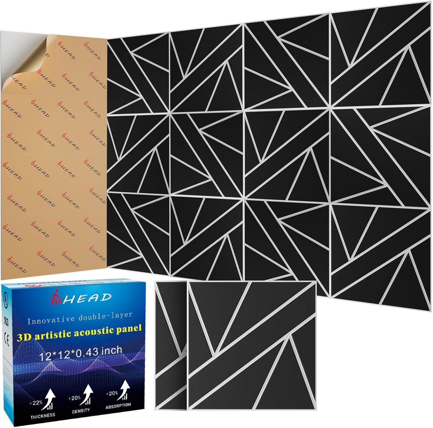 8 Pack 2-Layer Soundproof Wall Panels, 12 x 12 x 0.43 in Sound Proof FoamPanels for Walls, 1.2lb/ft* High Density, Thicker 0.43 in, 3D AcousticPanels,Artistic Noise Dampening Panels Black&white