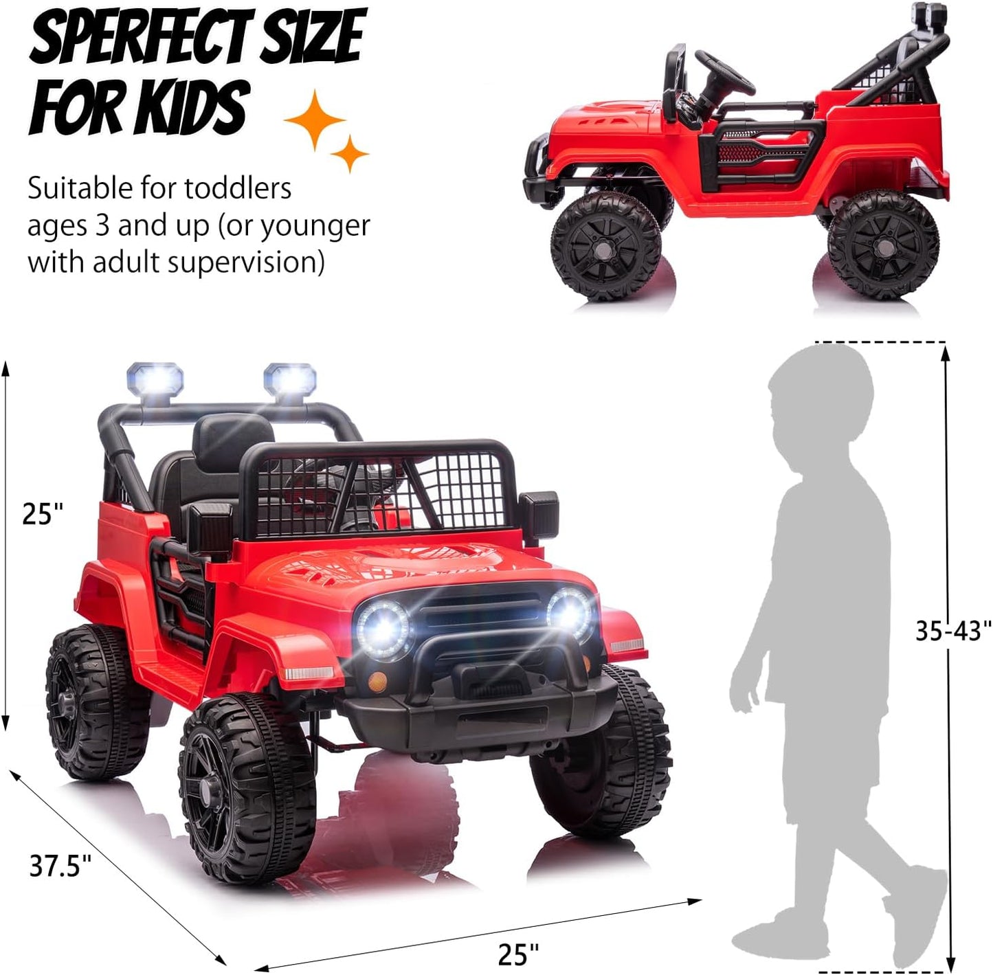 JOYMOR 12V Kids Ride on Truck with Remote Control, 4 Wheels Battery Powered Kids Car, Electric Play Car with LED Lights/Horn/Remote and Manual Control/3-5 MPH Speed/Gift for Girl Boy (Red)