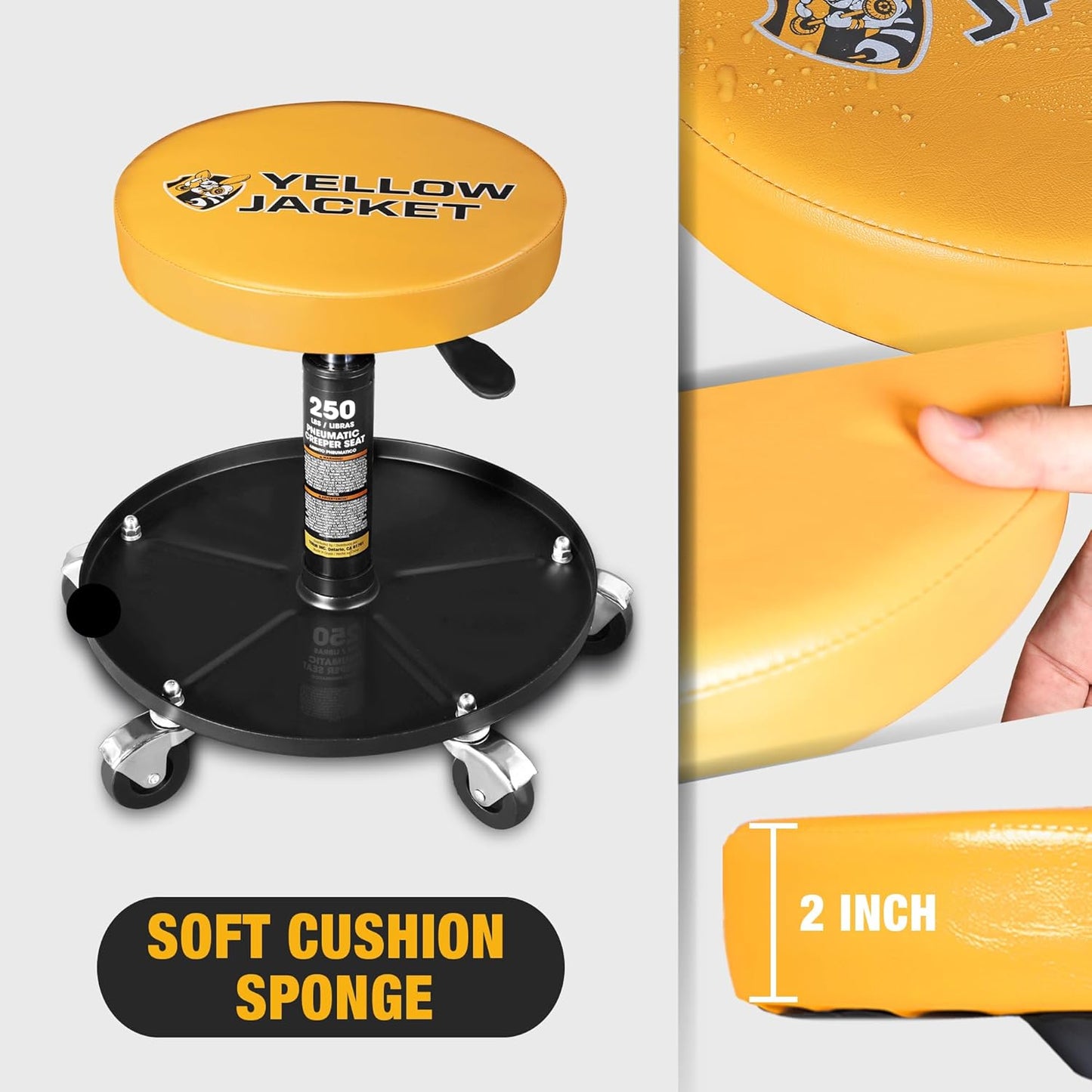YELLOW JACKET Rolling Mechanic Stool with Wheels Pneumatic Garage Shop Seat Adjustable Height Roller Mechanics Creeper Chair with Tool Tray for Auto Repair