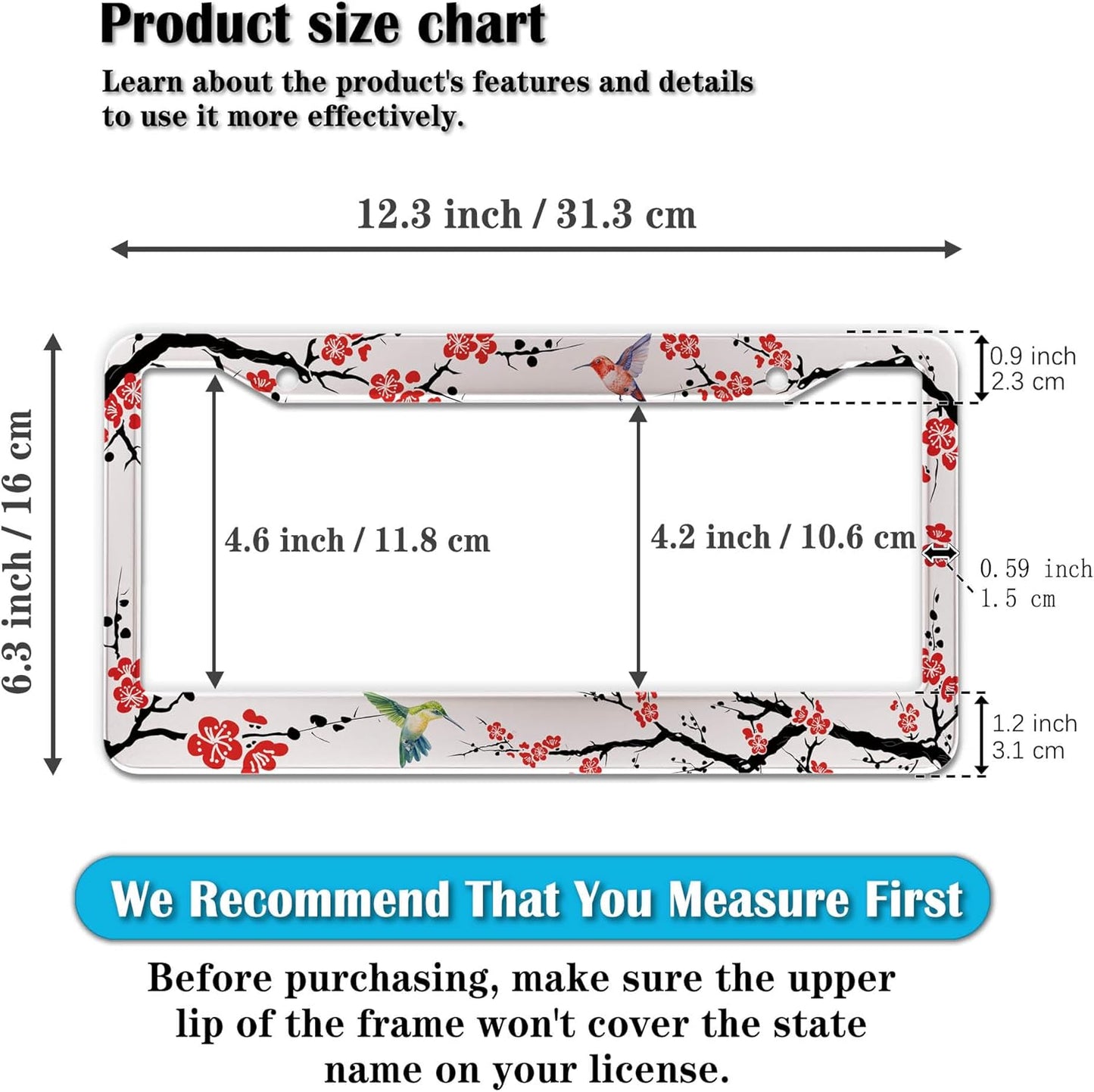 Automotive Exterior Accessories Black, White, and Red License Plate Frames Hummingbird Flowers Universal Aluminum Car Accessory 2 Pack with Screw Covers Set