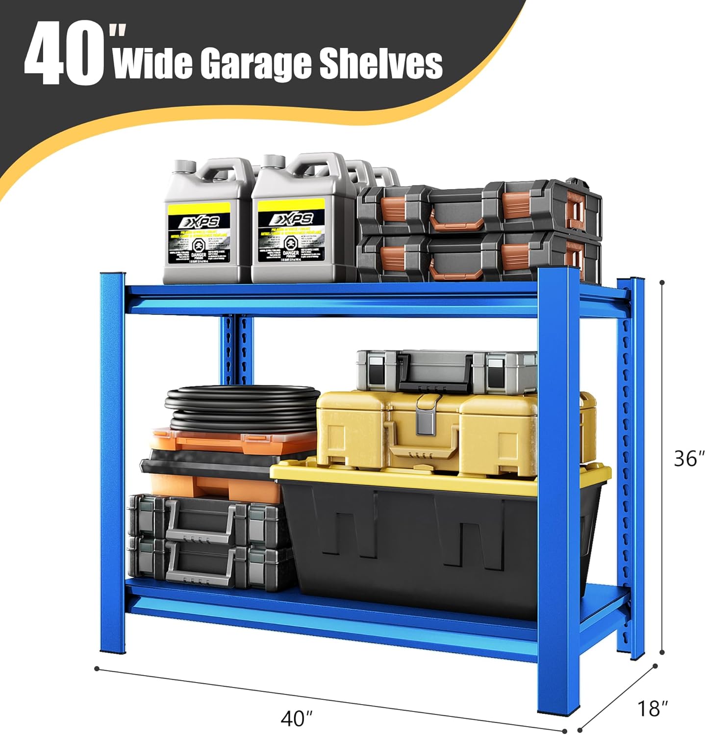 40" W Garage Shelving Heavy Duty，1000LBS Loads Adjustable Garage Storage Shelves,2-Tier Metal Storage Racks and Shelving Units, Utility Rack Shelves,40”W x 18”D x 72”H,Blue
