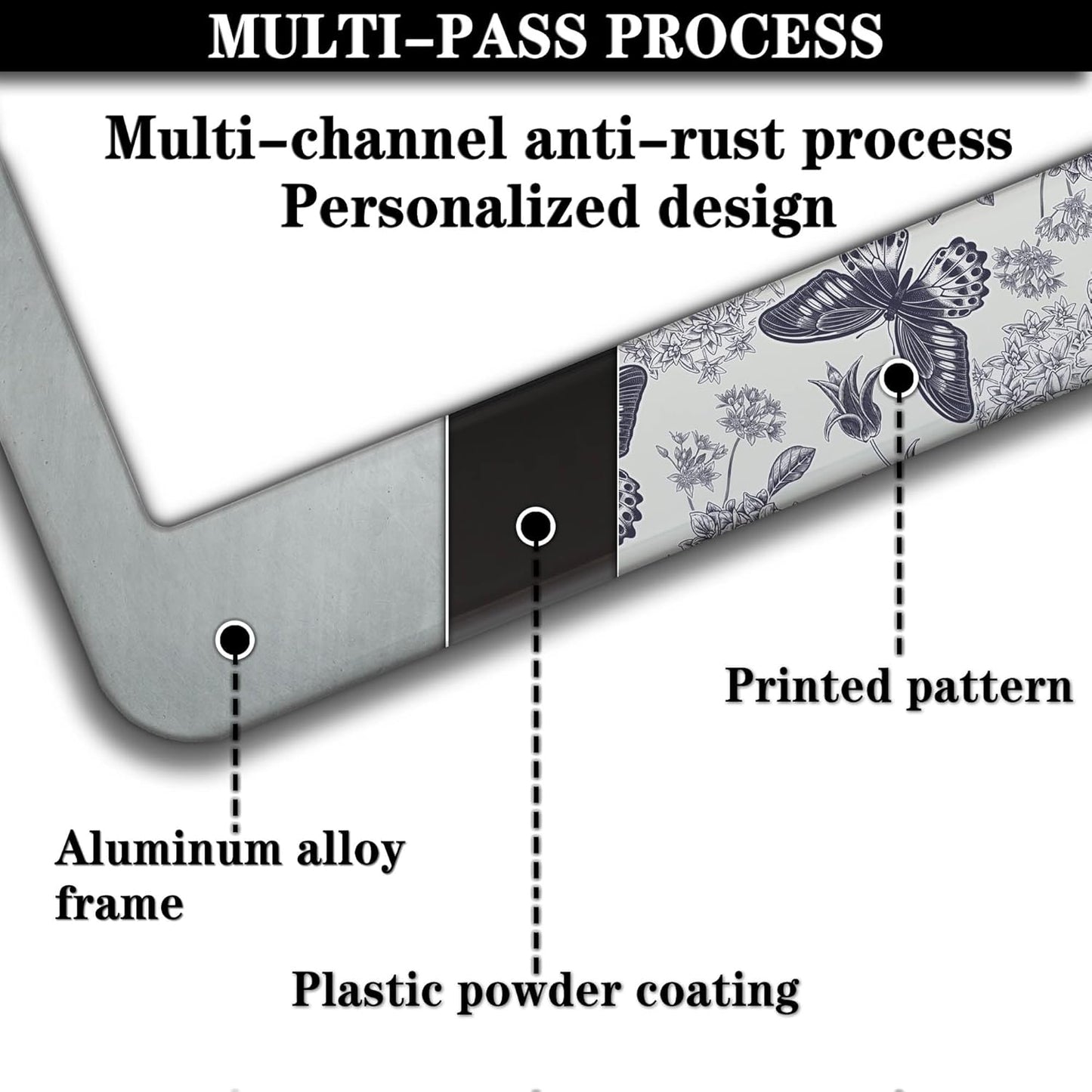 Automotive Exterior Accessories Black and White License Plate Frames Butterfly Flowers Universal Aluminum Car Accessory 2 Pack with Screw Covers Set