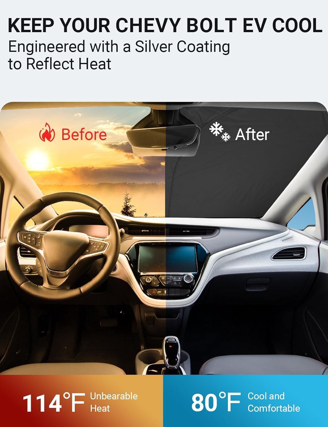 Proadsy 2025 Upgrade Windshield Sunshade Custom Fit 2017-2024 2025 Chevrolet Chevy Bolt EV LT, Premier Hatchback Reflective Heat Sun UV Protector Foldable Front Window Shade Accessories
