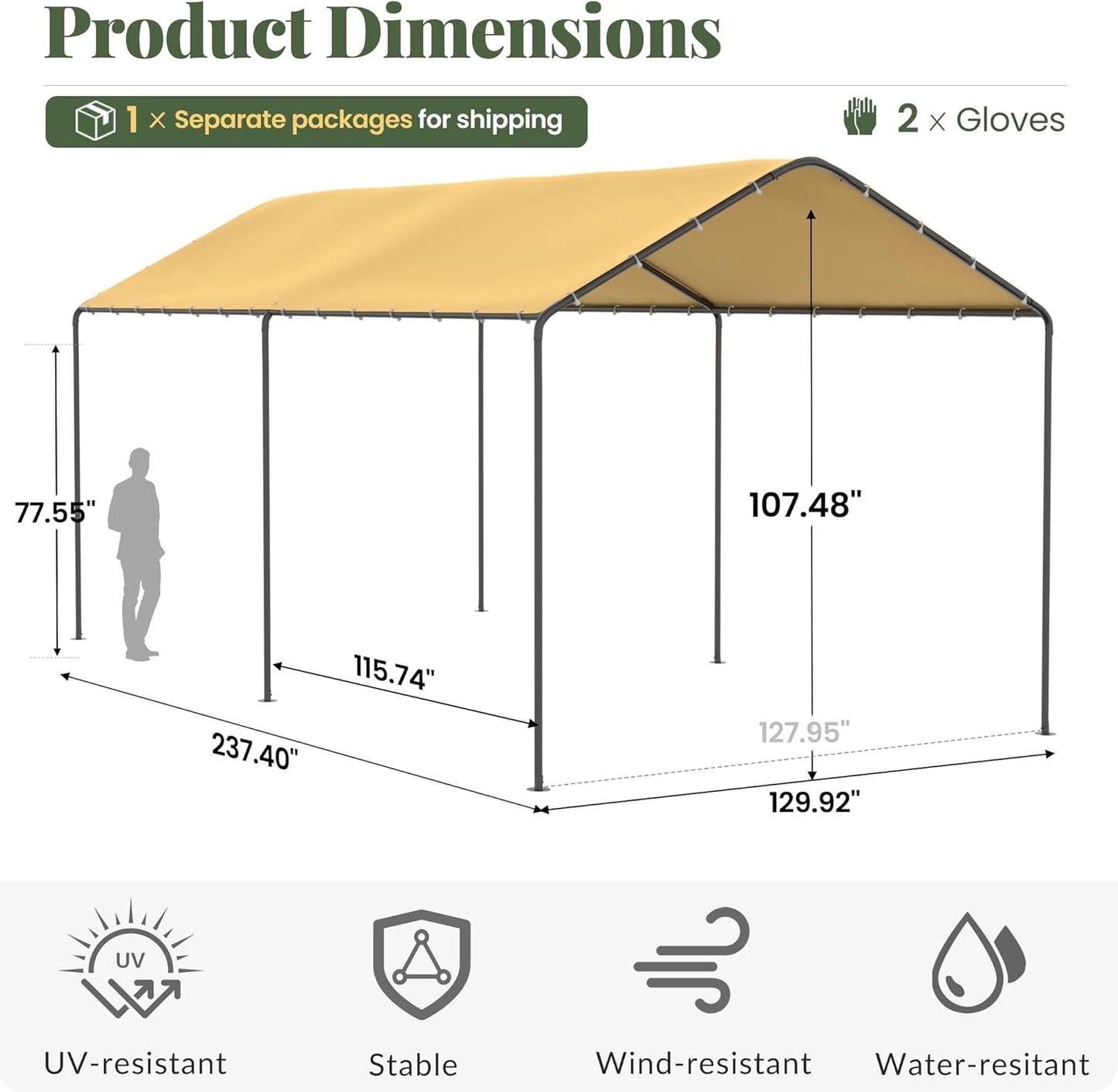 Carport, 10‘ x 20’ Heavy Duty Portable Garage All-Season Car Canopy w/Removable Sidewall & Doors, Carport Canopy Party Tent w/Water-Resistant Tarp for Backyard (Yellow, 10' x 20' /no Side)
