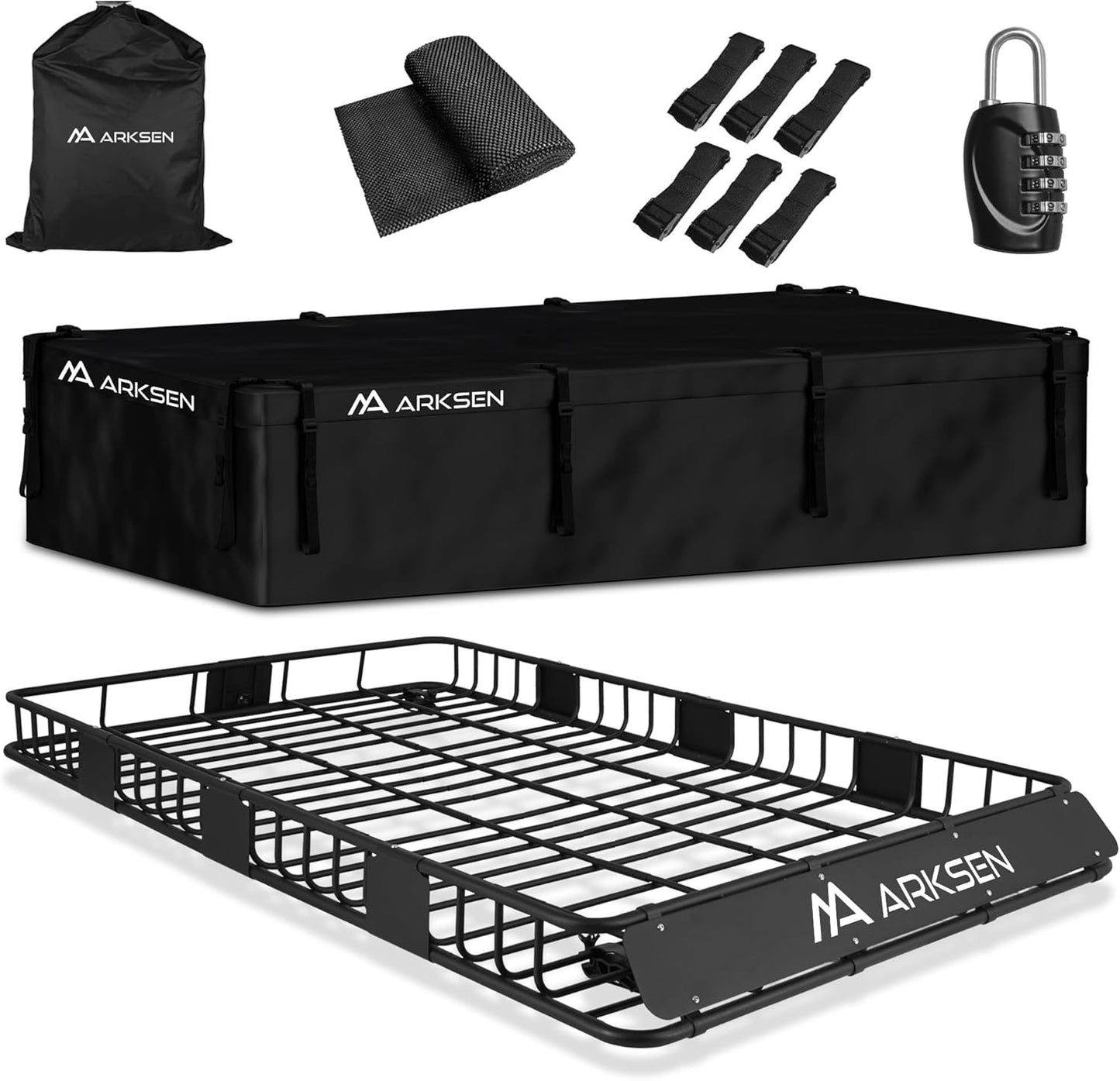 ARKSEN 84 x 50 x 6 Inch Universal Extra Wide 150LB Heavy Duty Roof Rack Cargo with 500D PVC Waterproof Cargo Bag, Car Top Luggage Holder Carrier Basket for SUV, Truck, & Car Steel Construction