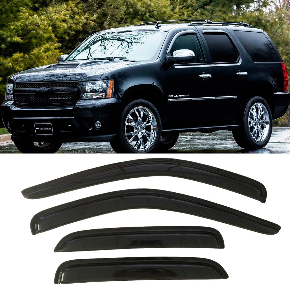 94514 Side Window Visor Wind Vent Deflector,4pcs Outside Mount Style Tap-On Sun Rain Guards Set,Dark Smoke Window Shade fit for 2007-2014 Chevy Tahoe/GMC Yukon