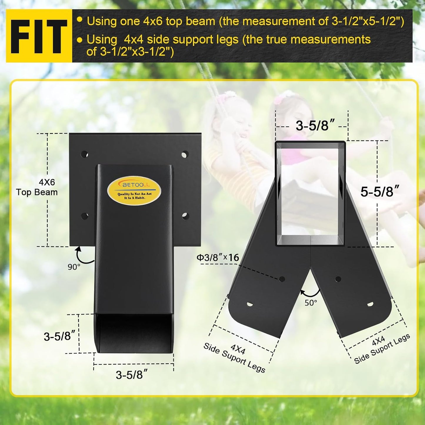 BETOOLL 90° A-Frame Middle Swing Set Brackets, Heavy Duty Steel DIY Swing Set - Includes Mounting Hardware, Ideal for Indoor and Outdoor Playgrounds (1 Middle Brackets-Black)