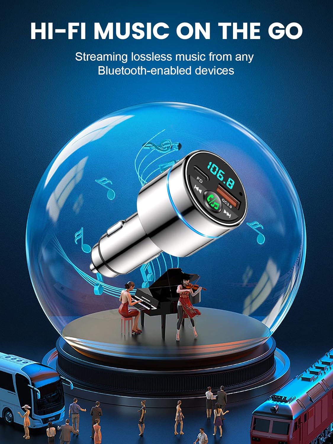 FM Transmitter for Bluetooth 5.3, [All-Metal] PD 30W & QC3.0 18W Fast Car Charger, Wireless FM Radio Kit Bluetooth Car Adapter, Noise Cancelling Hands-Free Call, Blue Light - Silver