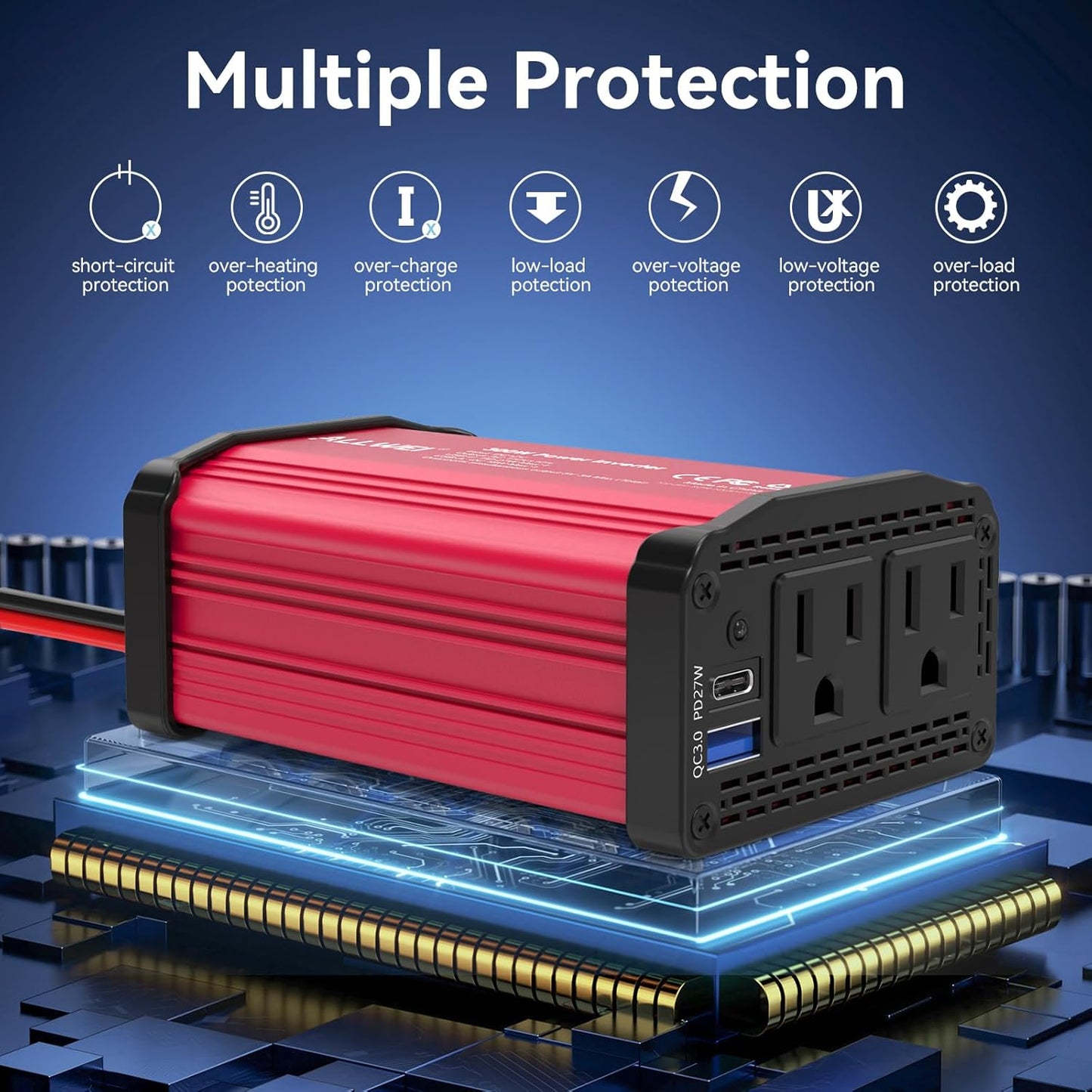 300W Car Power Inverter 12v to 110v, Car Plug in Adapter Outlet with PD 27w USB-C and Fast Charger 18w USB-A, Car Outlet Adapter, Car Converter to Outlet Plug, Power Inverters for Vehicles (Red)