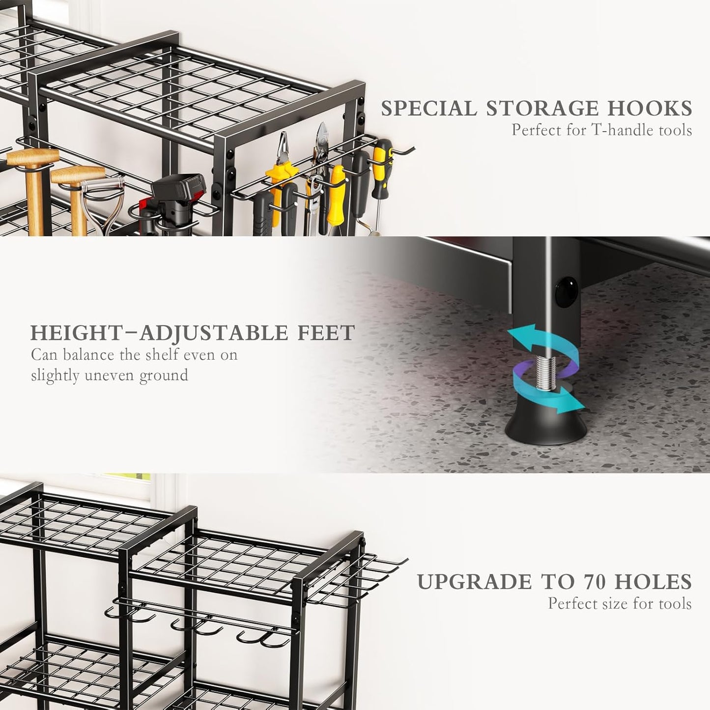 Garden Tool Organizer Storage Metal Yard Tool Organizer Heavy Duty Garden Tool Rack Stand with 2 Extra Hooks, Up To 70 Long Handled Shovels/Rakes/Brooms Holder for Garage,Shed,Outdoor(Black)