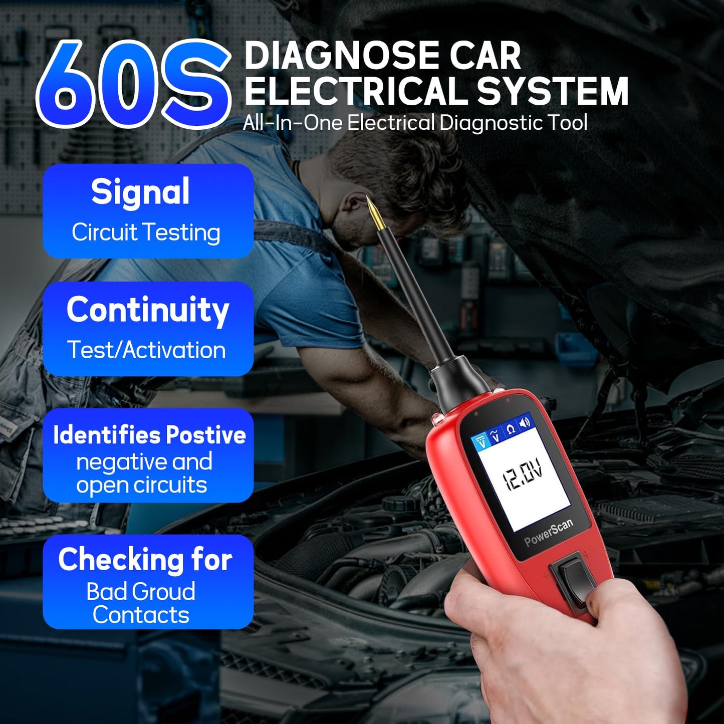 Autel PowerScan PS100 Power Circuit Probe Tester - 2025 12V 24V Car Circuit System Diagnostic Tool, Open Breaker Short Finder, Read AC/DC Resistance, Activate Component, w/ 20ft Cable, for 99% Cars