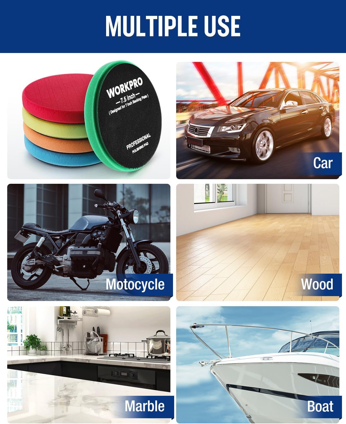 WORKPRO 7.5 Inch Buffing Sponge Pads, 5Pcs 7.5 Inch Face for 7 Inch Backing Plate, Cutting Polishing Pad Kit for Car Buffer Polisher Compounding, Polishing and Waxing