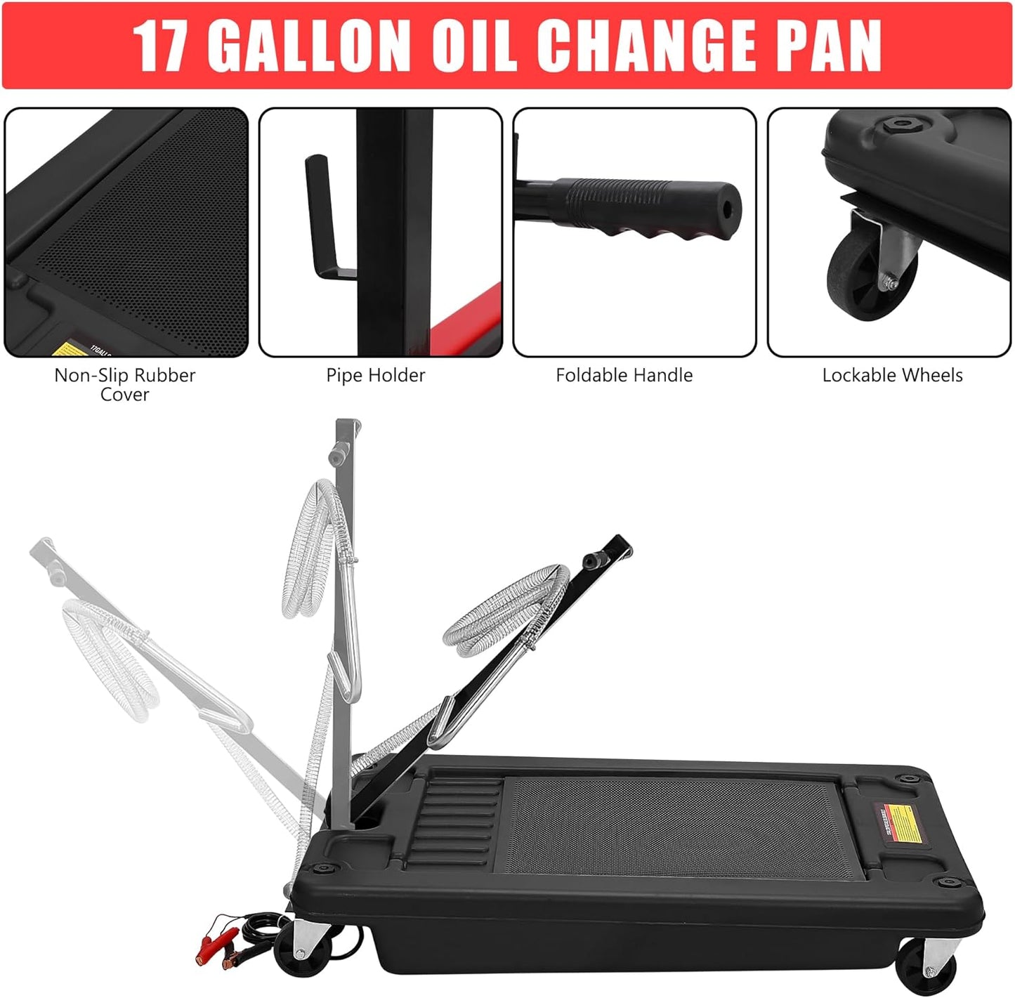 ‌17 Gal Electric Oil Drain Pan, Low Profile Mobile Oil Changing Pan with Hand Pump, 8 Ft Hose & Quick Drain Valve, Leak-Proof Design for Truck Car Motorcycle, Garage Workshop Use