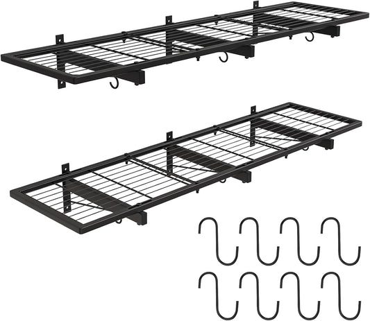 2 Pack Garage Wall Shelves, 46"X 12.5" Garage Shelving Wall Mounted, Heavy Duty Wall Shelf Organizer with 8 Hooks, Black Floating Storage Metal Rack 320 LBS Capacity for Laundry Room, Office, Basement