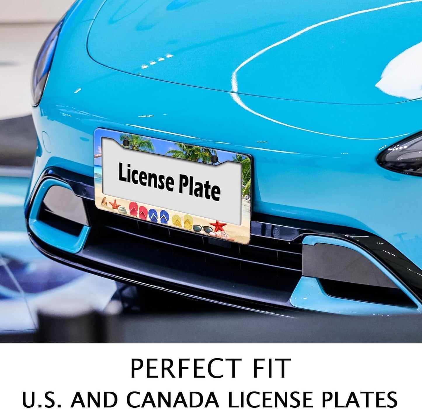 Beach Flip Flops License Plate Frame, Ocean Beach Vacation Scene License Plate Hloder Covers, Metal Aluminum Rustproof Car Accessories for Women Men 2 Holes with Screw Caps