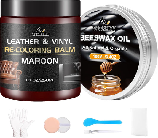 Leather Repair Kit Recoloring Balm Cleaner Conditioner Waterproof Beeswax Oil for Car Seat Furniture Couch Shoe Leather Vinyl(Maroon)