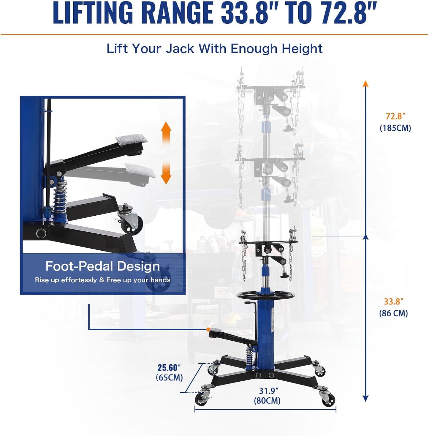 Hydraulic Transmission Jack 1100 LBS Capacity 33.8"-72.8" Lifting Height 2 Stage Hydraulic Telescoping Jack, Trans Jack Stand Heavy Duty with Foot Pedal and 360° Swivel Wheel, Blue