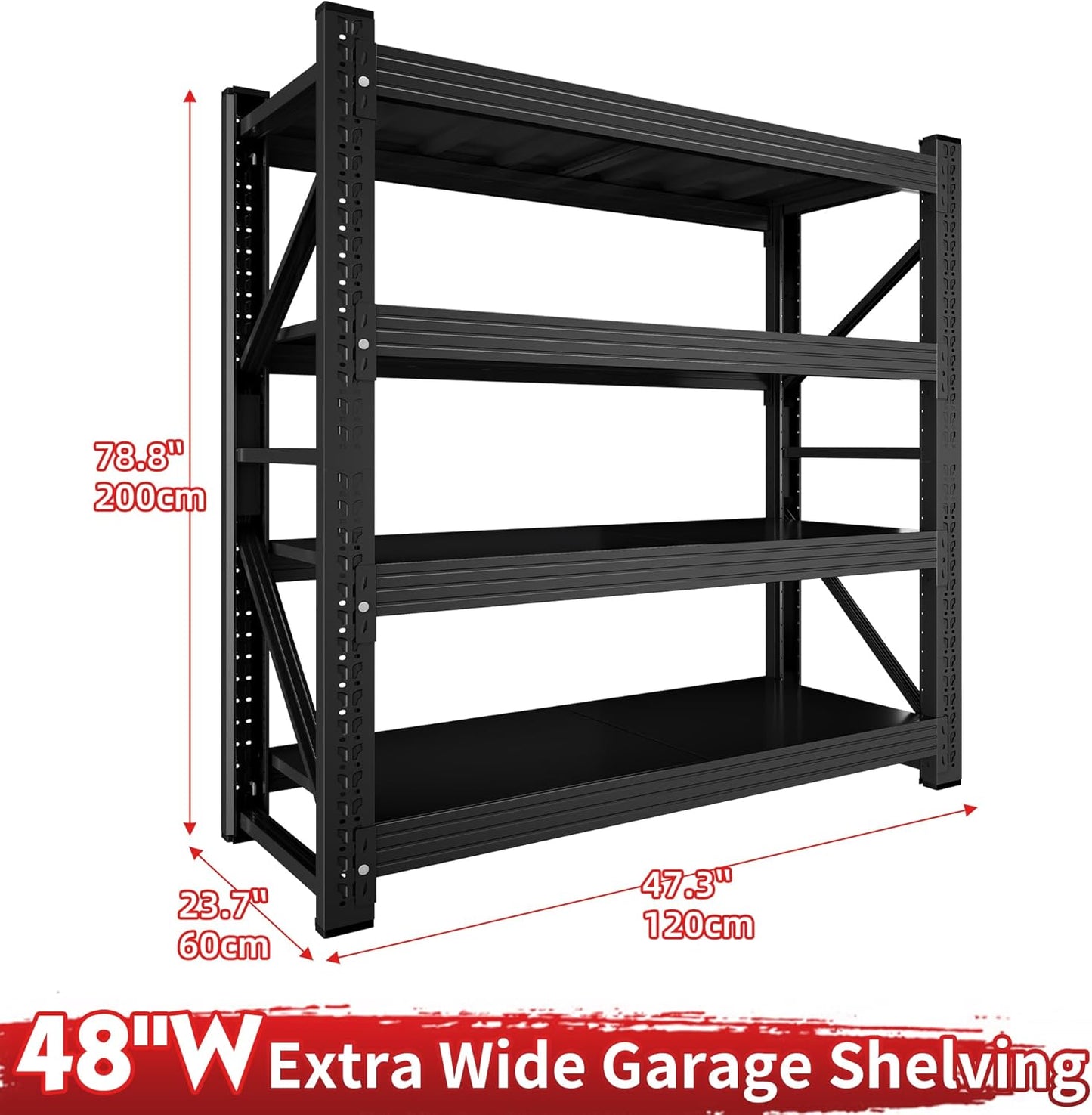 4000LBS Garage Shelving 48" W Garage Shelving Heavy Duty 4-Tier Metal Storage Shelves Adjustable Shelf Unit Storage Rack for Basement Supermarket Warehouse 48" W x 24" D x 78" H Black