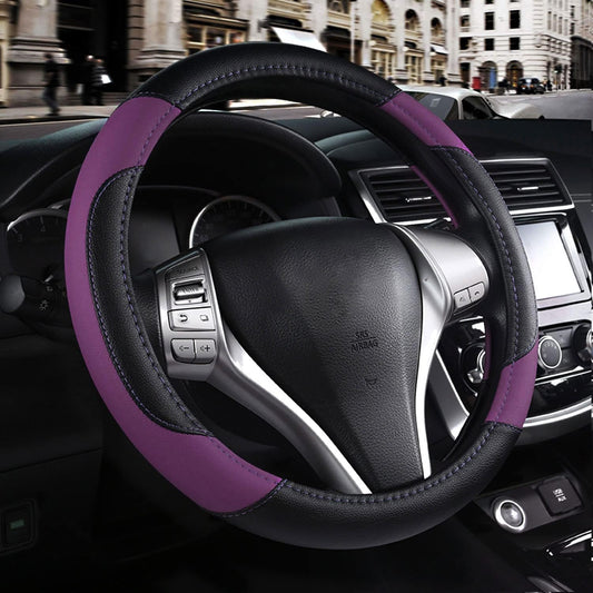 Leather Car Steering Wheel Cover, Non-Slip Car Wheel Cover Protector Breathable Microfiber Leather Universal Fit for Most Cars (Purple-2)