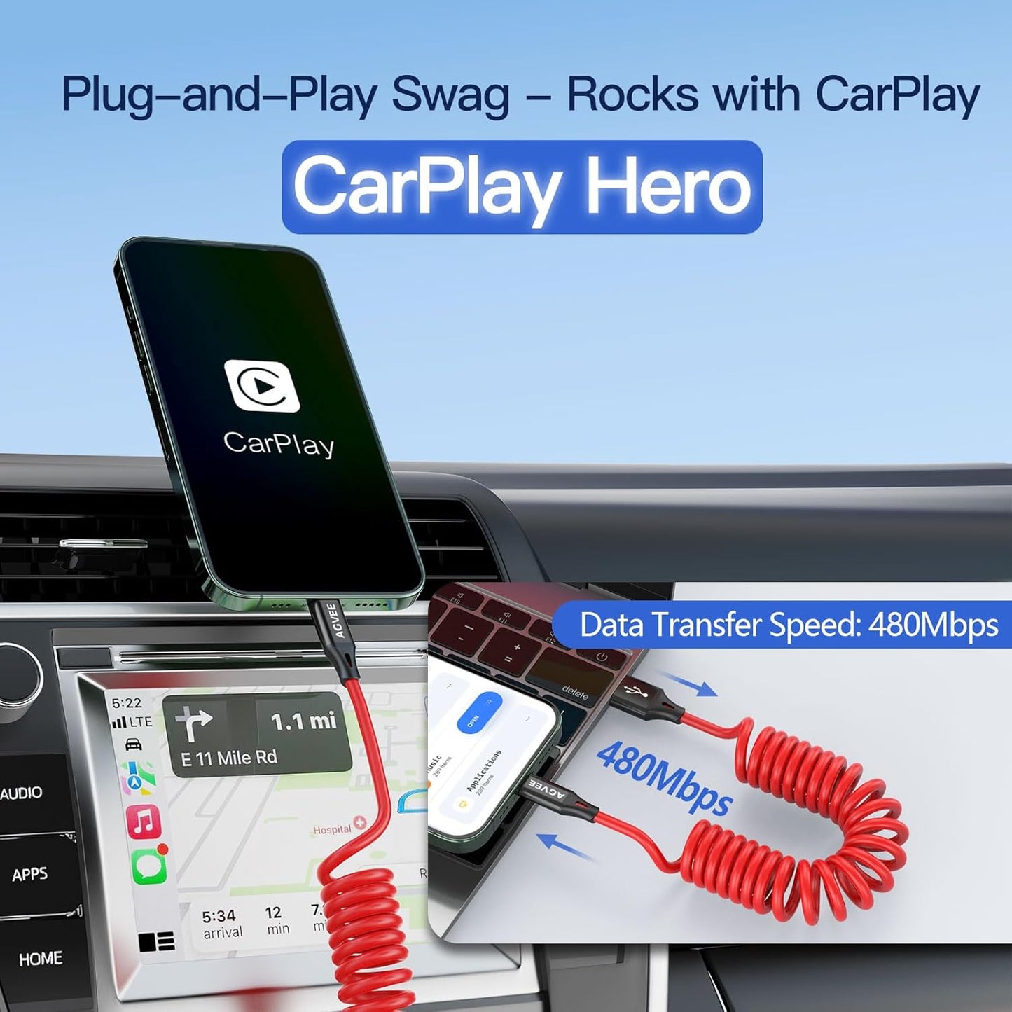 AGVEE 3ft Coiled Short USB to Lightning Charging Cable [MFI Certified] 3A Fast Charger Cord in Car for iPhone 14/13/12/11/XS/8/7/6/5 CarPlay, iPad, iPod, Red