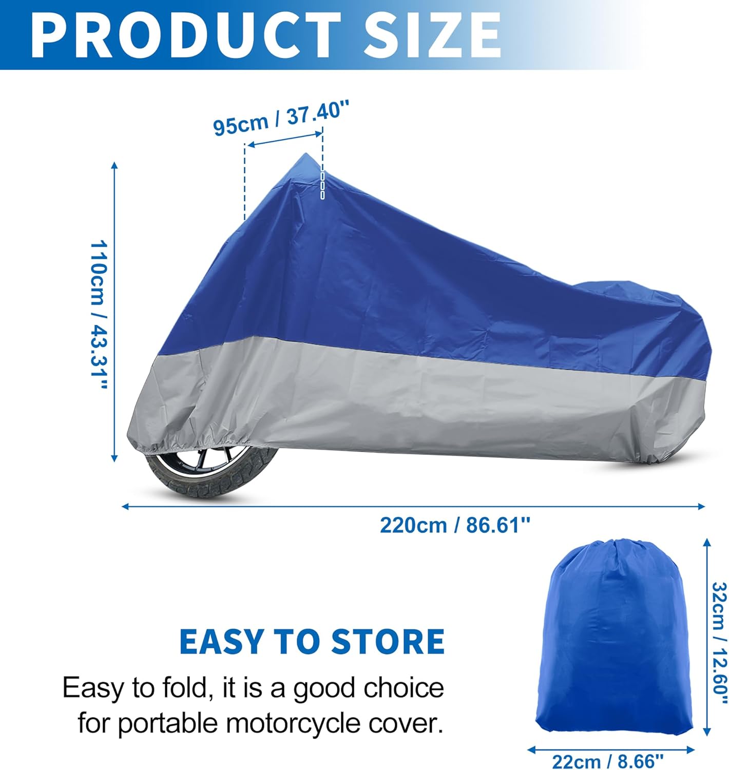 X AUTOHAUX Motorcycle Cover for Harley Davidson for Honda for Suzuki All Season Waterproof Sun Outdoor Protection Motorbike Cover Fits Up to 86.61'' Motorcycles Cover L Blue Silver Tone