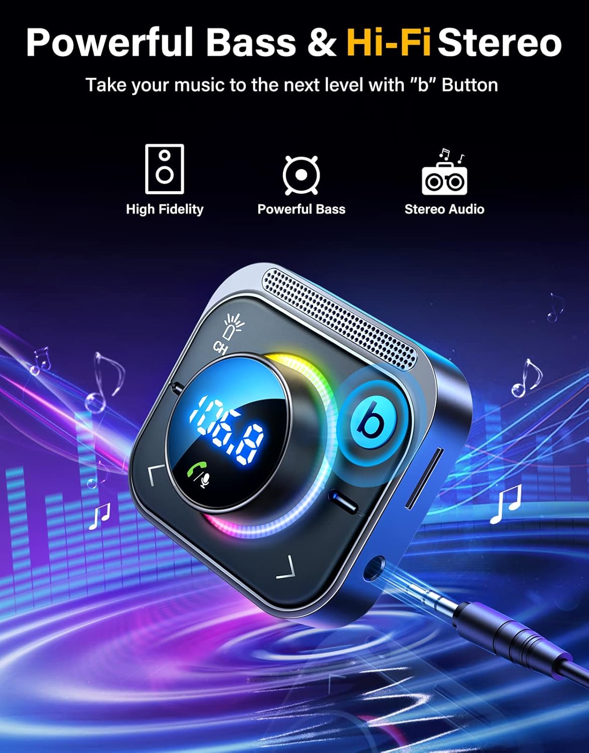 JOYROOM 66W Bluetooth 5.4 Car Adapter Aux with 3 Charging Ports【PD 30W & 2 * 18W】【Air Vent Installation for Safe】 Deep HiFi Bass Player Wireless Radio FM Transmitter for Car with Colorful LED Light