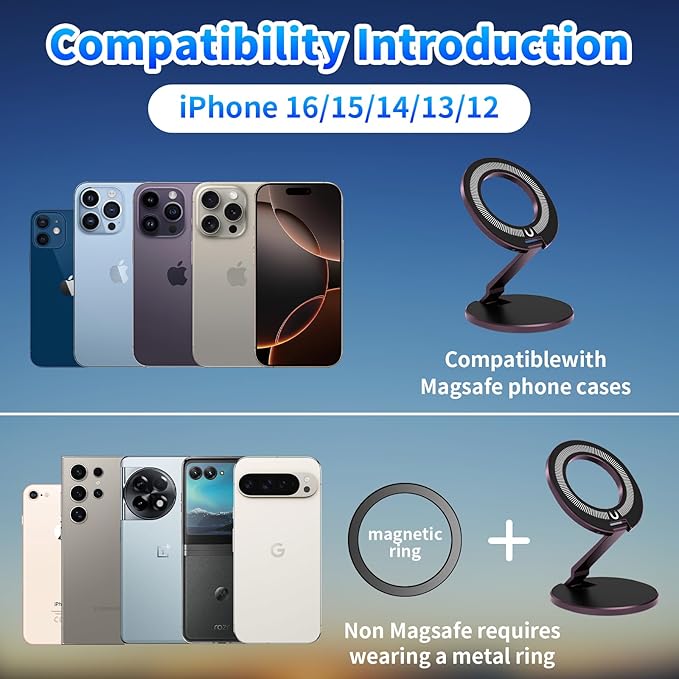 Car Phone Holder for Magsafe [3-sided 4200gf Strongest Magnetic] 300° Folding Phone Stand for Desk, Portable Phone Ring Holder Grip, Phone Holders for Your Car Accessories for iphone/Android/Tablets