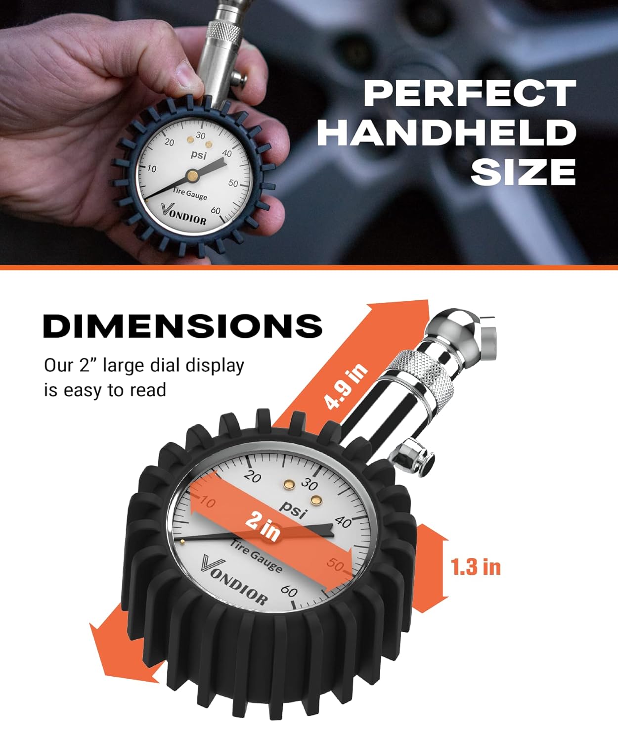 Tire Pressure Gauge - (0-60 PSI) Heavy Duty, Certified ANSI Accurate with Large 2 Inch Easy to Read Glow Dial, Low - High Air Pressure Gauge. Tire Gauge for Car and Trucks Tires by Vondior