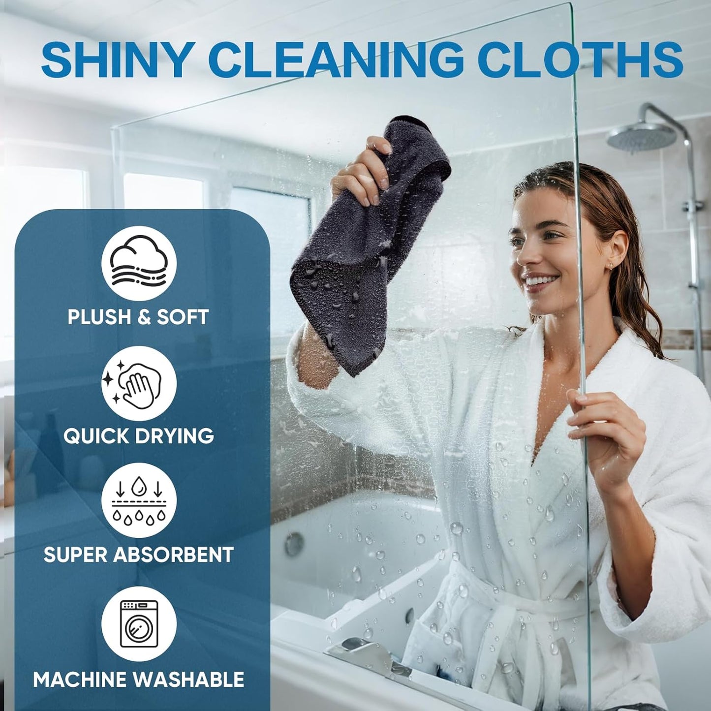 Shiny Wipes Shower Cleaning Cloth, Ultra Absorbent Car Drying Towel, 4 Pack 16 x 24 inch Microfiber Cleaning Cloth for Car, Bath & Househood