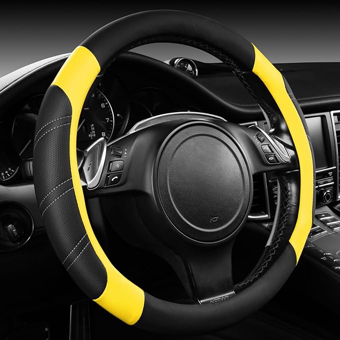 CAR PASS Leather Steering Wheel Cover and Waterproof Car Floor Mats,Microfiber Universal Car Combo Fit for 95% Sedan SUV Van Truck,14.5-15 inch Sporty Anti-Slip Safety Comfortable Design, Black＆Yellow