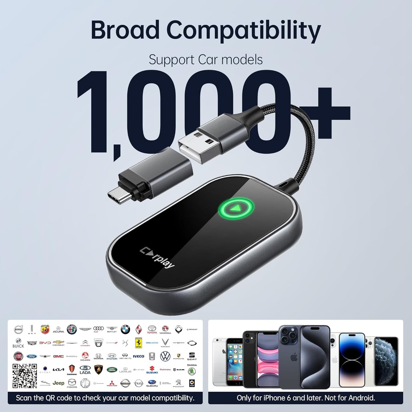 Wireless CarPlay Adapter, Converts Wired to Wireless CarPlay Dongle for Apple iPhone, Plug & Play Auto Connect Zero Latency fits for Cars from 2015 & iOS 10+ Black