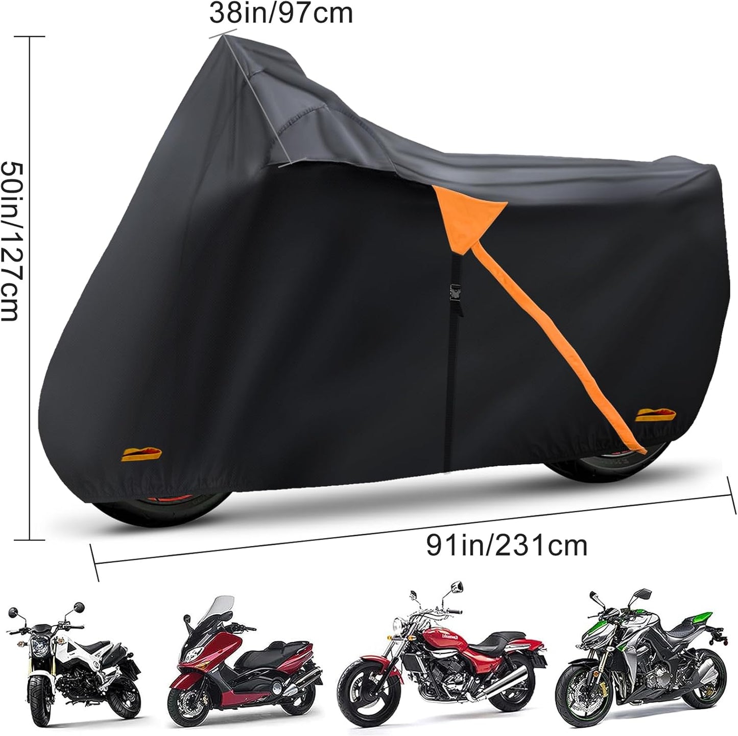 Motorcycle Cover,Waterproof Zipper Outdoor Cover for All Seasons Windproof, High Heat Resistance Dustproof and Rainproof Snowproof(Orange Zipper L Fits Up to 91 inch)