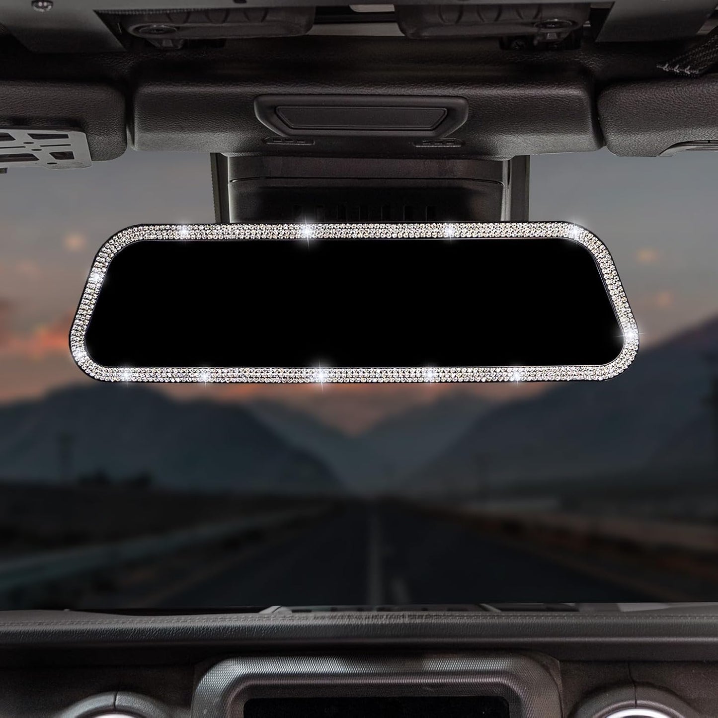 JOYTUTUS Rearvie Mirror, 12 Inch Panoramic Interior Clip-on Wide Angle Convex Rear View Mirror with Bling Rhinestones Diamonds Edge, Effectively to Reduce Blind Spot, Universal for SUV Trucks -White