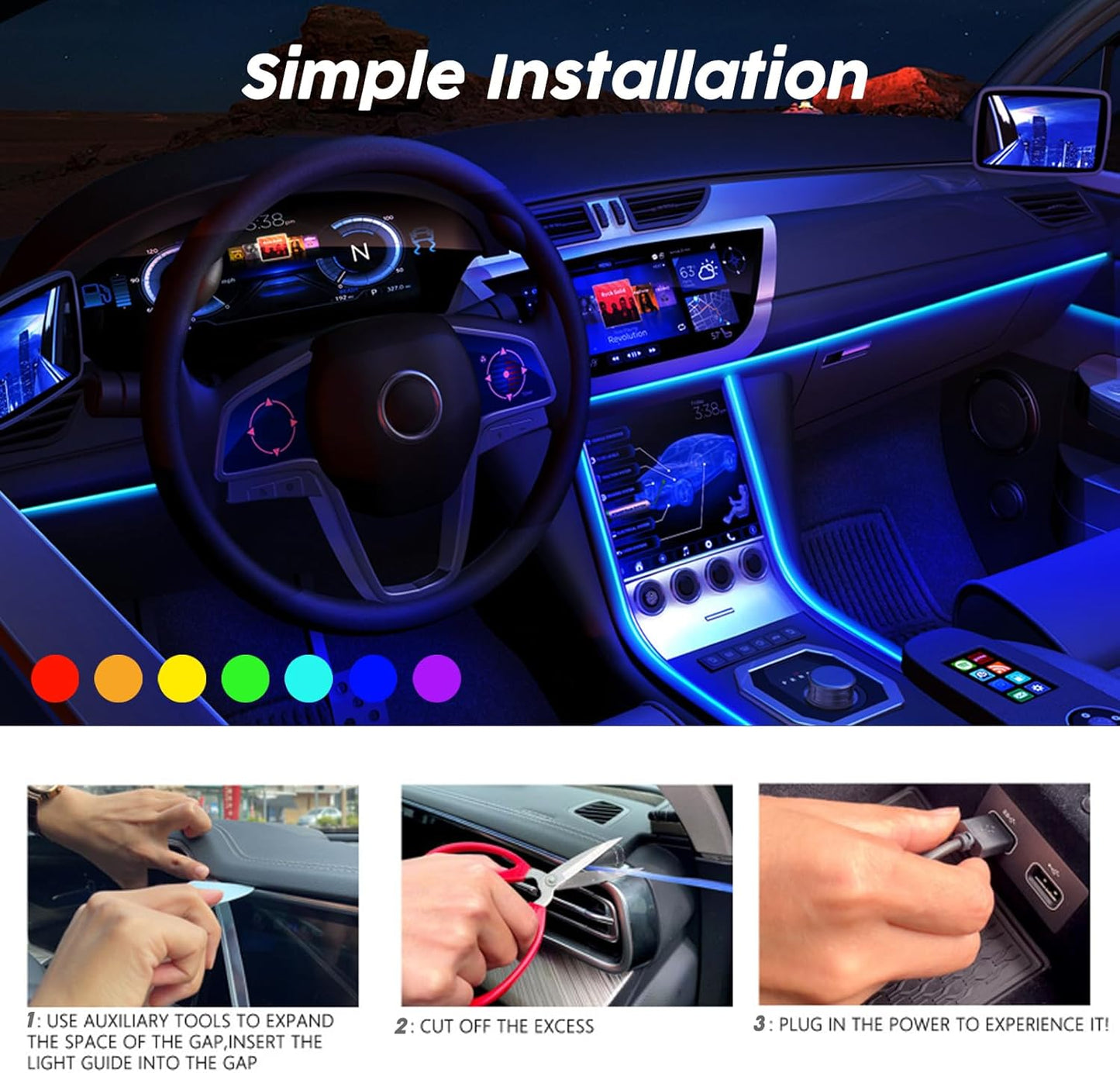 USB Car LED Lights, Interior Car Lights Strip 7 Colors Ambient Lighting with 118 inches Fiber Optic Music Sync Simple Installation EL Wire Lights (7 Colors/118 inches)