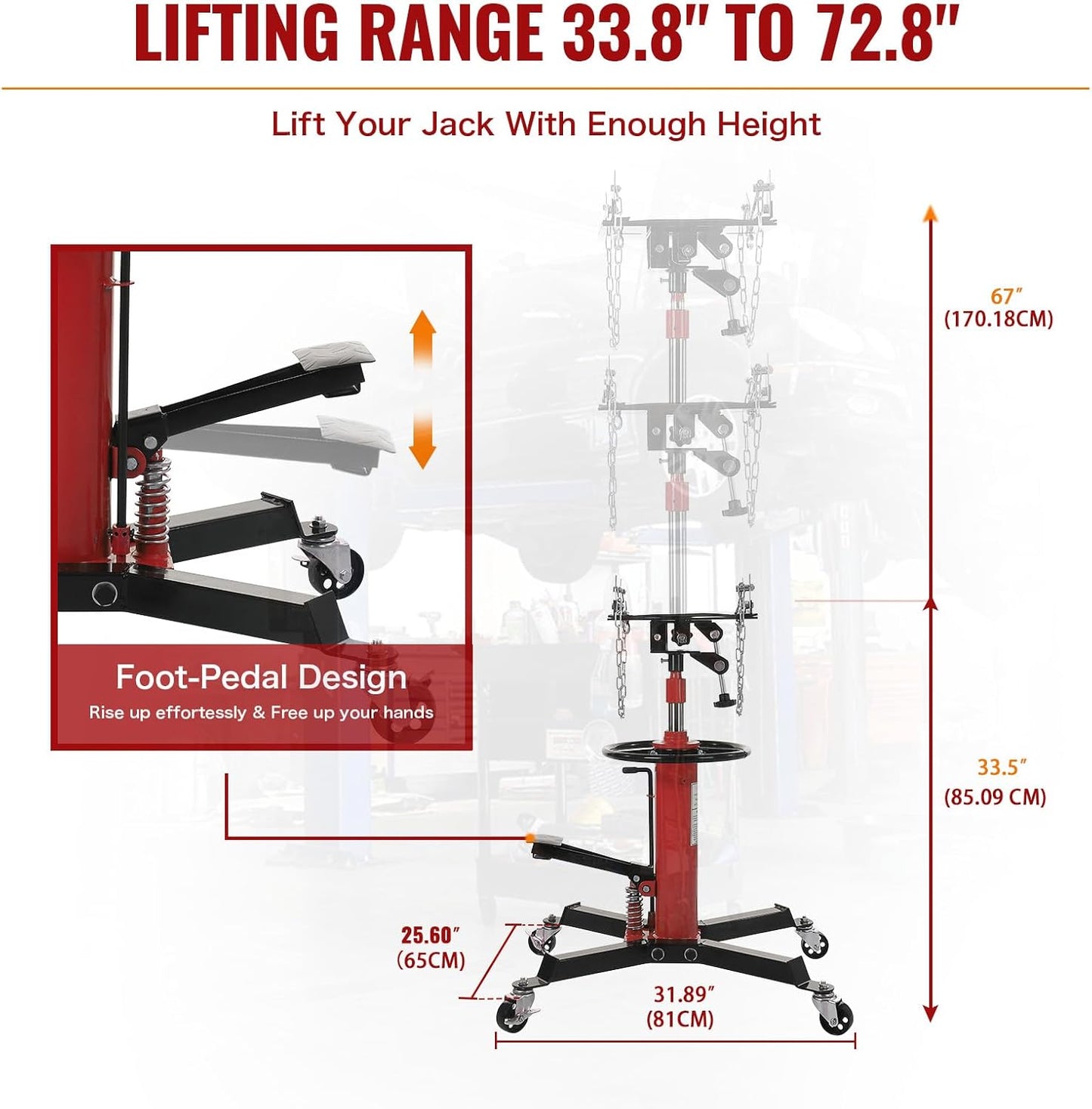 Hydraulic Transmission Jack 1322 LBS (3/5 Ton) Capacity 33.8"-72.8" Lifting Height 2 Stage Hydraulic Telescoping Jack, Trans Jack Stand Heavy Duty with Foot Pedal and 360° Swivel Wheel, Red