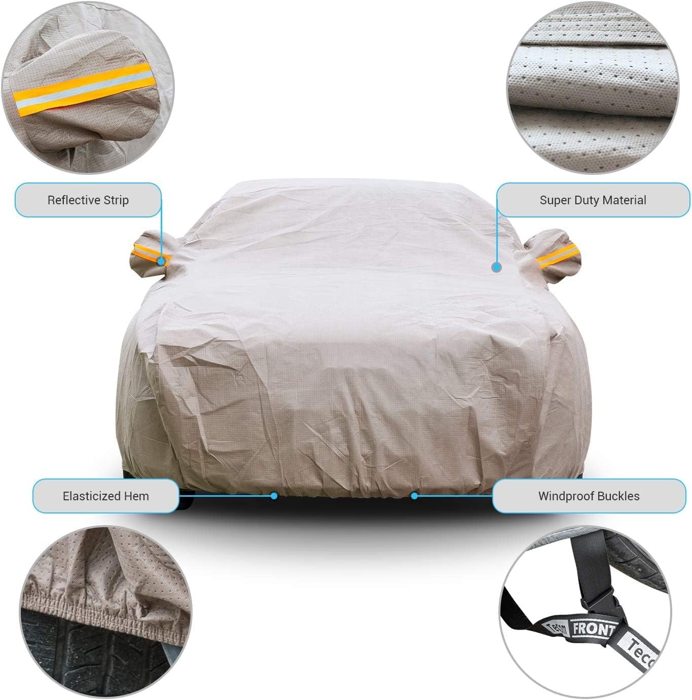 Tecoom Thick Shell Car Cover Super Breathable-Waterproof Windproof Snow Sun Rain UV Protective Outdoor All Weather Fit 170-190 Inches Length Sedan