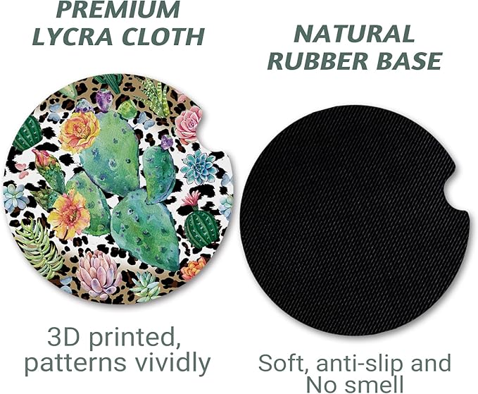 Car Coasters for Cup Holders，2.75" Anti Slip Rubber Mat with A Finger Notch, 2 Pack Car Cup Holder Coasters for Car Interior Accessories for Women Men Cactus