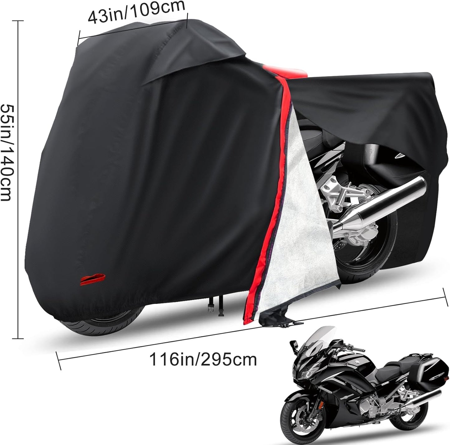 Motorcycle Cover,Waterproof Zipper Outdoor Cover for All Seasons Windproof, High Heat Resistance Dustproof and Rainproof Snowproof(Red Zipper XXXL Fits Up to 116 inch)