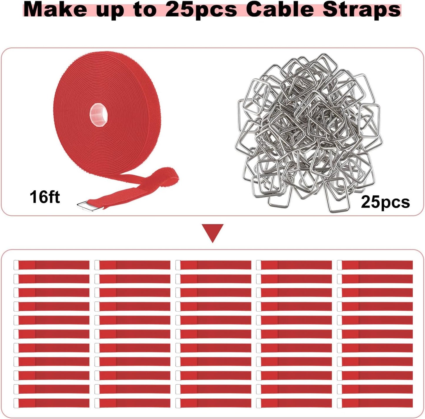 1"x16ft Hook and Loop Straps with 25 Metal Buckles, Adjustable Fastening Cable Straps, Cut-to-Length Cinch Strap, Reusable Nylon Securing Cord Ties for Organizer or Storage, 1 inch Wide,Red