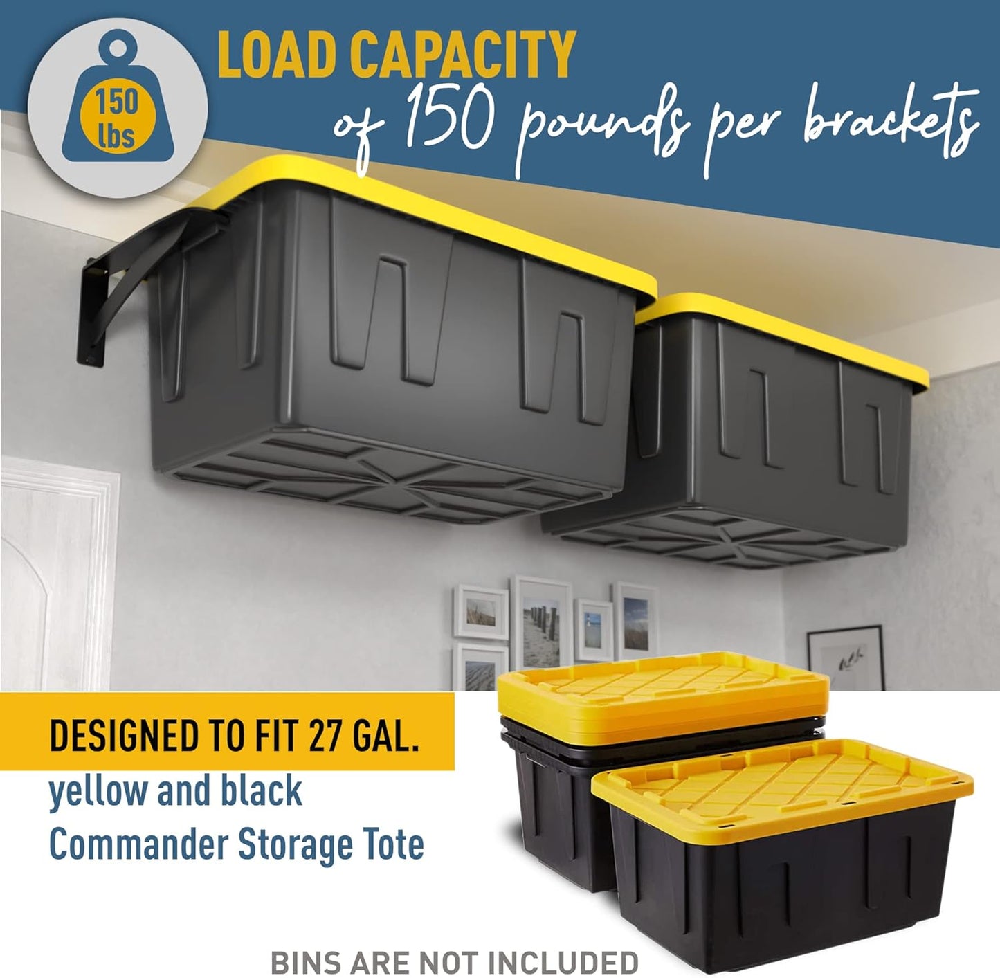Koova Wall Mounted Tote Rack Storage System, Fits 27-Gallon Black and Yellow Commander Style Bins, Wall Mount Bracket Shelves for Garage Organization, Heavy Duty Steel, Made in USA (1-Piece Add-on)