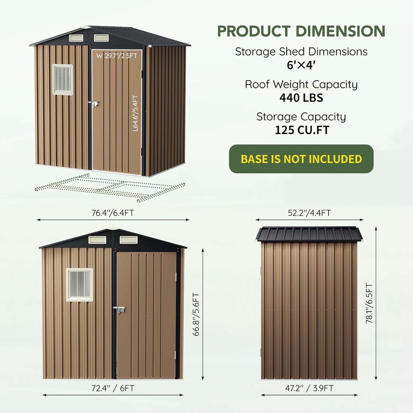 6x4 FT Outdoor Metal Storage Shed, Single Door, 1 Clear Window, Tool Shed for Garden, Patio, Backyard Brown