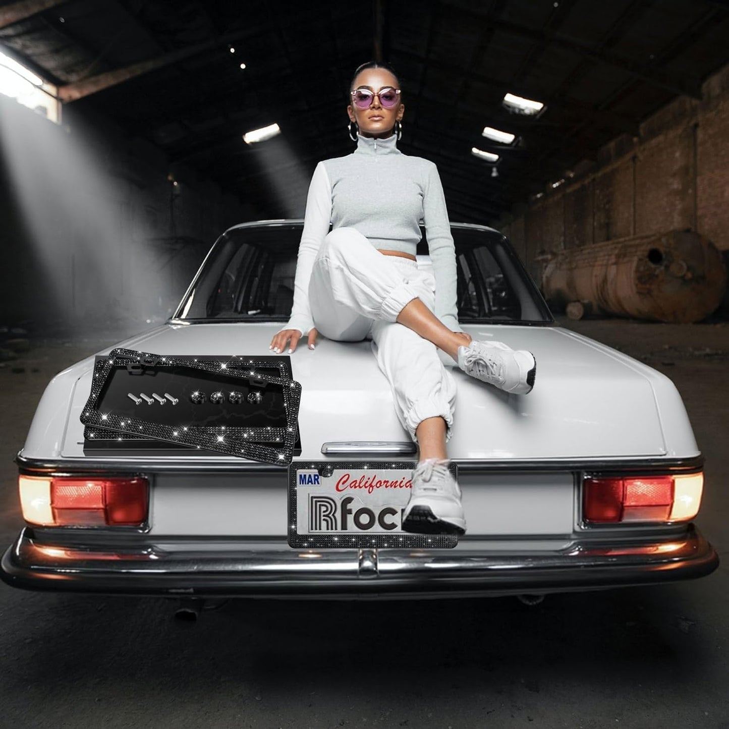 2 Pack License Plate Frames for Women, Sparkly Rhinestone Diamond Car Accessories with Glitter Crystal Caps (Black (2PCS))