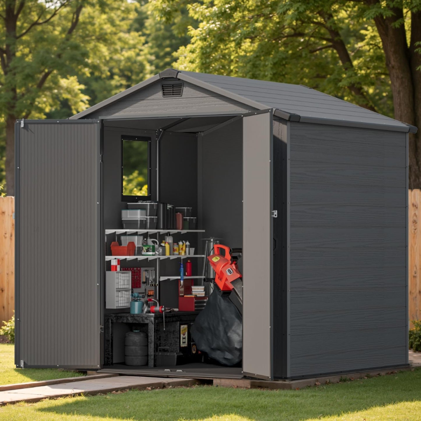 Patiowell 6 x 6 FT Plastic Outdoor Storage Shed with Floor, Resin Outside Tool Shed with Two Windows and Lockable Door for Garden, Backyard, Tool Storage Use, Easy to Install, Dark Grey